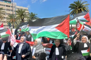 تونسيات يرفعن علم فلسطين في مظاهرة إحياء عيد الشهداء (الجزيرة)
