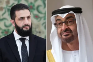 الرئيس الإماراتي محمد بن زايد (يمين) والرئيس السوري أحمد الشرع (رويترز)