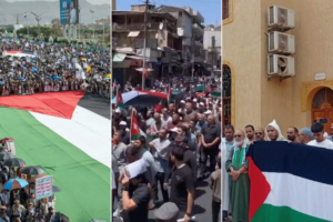 مظاهرات دعما لغزة في كل من المغرب (يمين) والأردن (وسط) واليمن (مواقع التواصل)